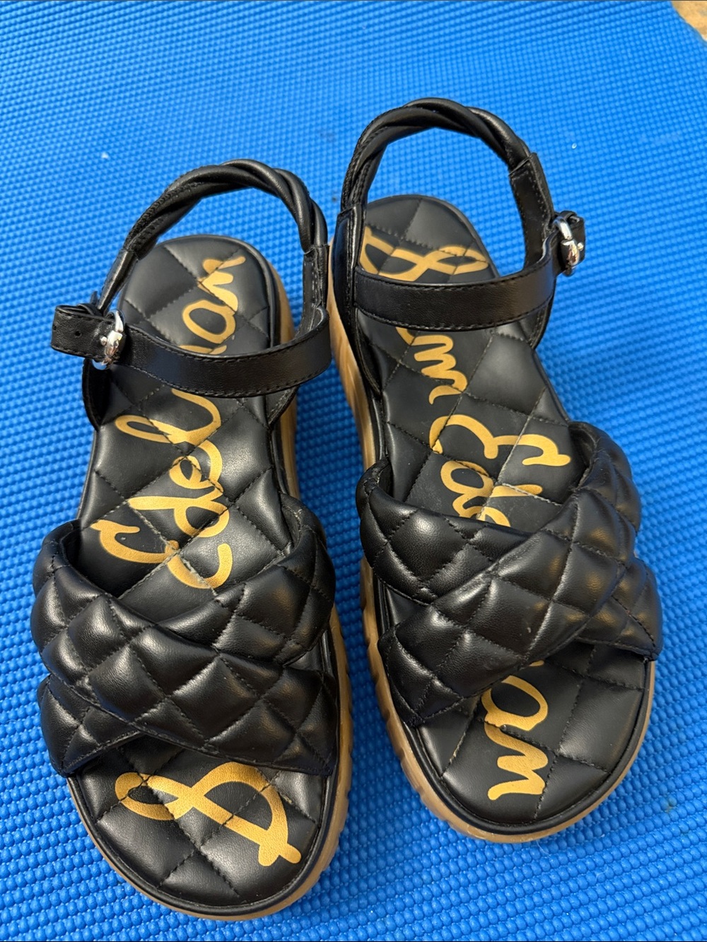 Sam Edelman Black Quilted Platform Sandals with Tan Sole